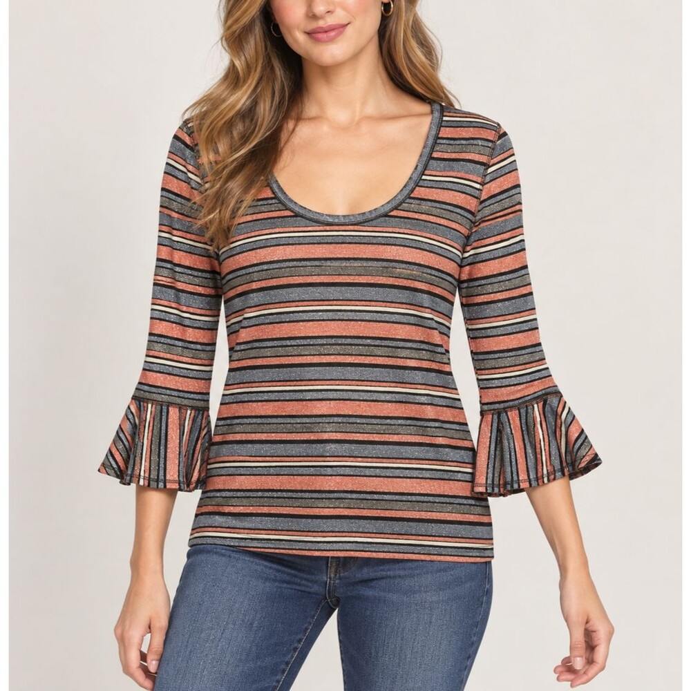 Free People Surprise Party Metallic Striped Bell Sleeve Top Women’s Large